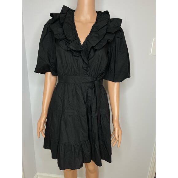 House of Harlow 1960 Ruffled cotton wrap mini dress black size S - Picture 2 of 11